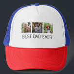Boné Foto do Melhor Pai Nunca<br><div class="desc">Boné de Caminhoneiro do Dia do Pai Personalizado.Dê a pai um presente que ele vestirá orgulhosamente com este caminhoneiro personalizado do Dia do Pai que apresenta três das suas fotos favoritas e a mensagem ousada "Melhor Pai Nunca". Com seu esquema de cores vermelho, branco e azul e uma malha respirável...</div>