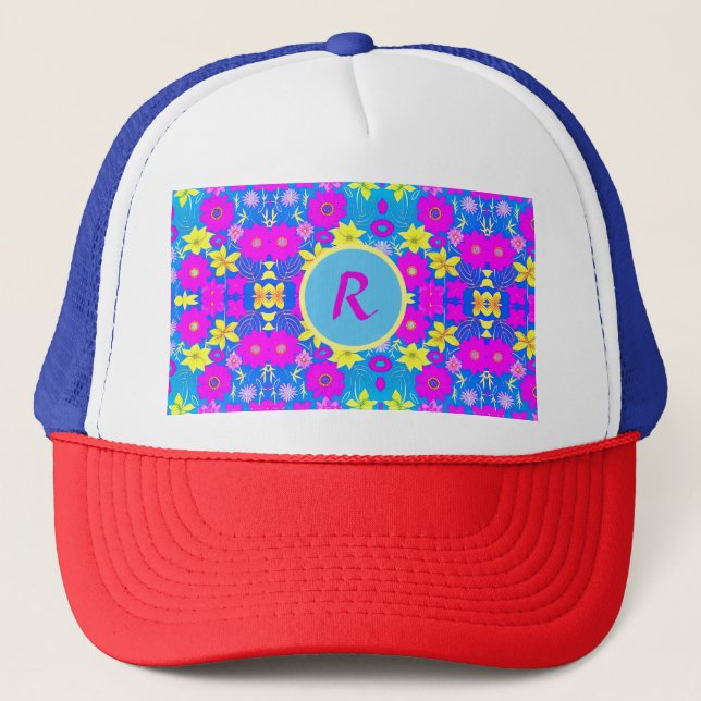 Boné Fundo com padrão de flores rosa azul amarelo adici (Frente)