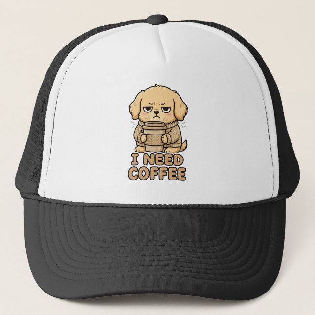 Boné Funny Grumpy Dog I Need Coffee Hoodie - Cute Coffe (Frente)