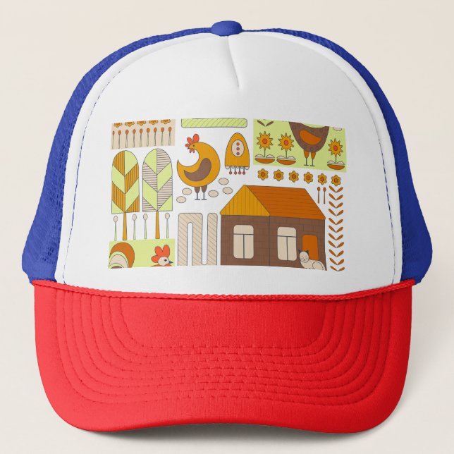 Boné Galo, galinhas, desenho floral geométrico. (Frente)