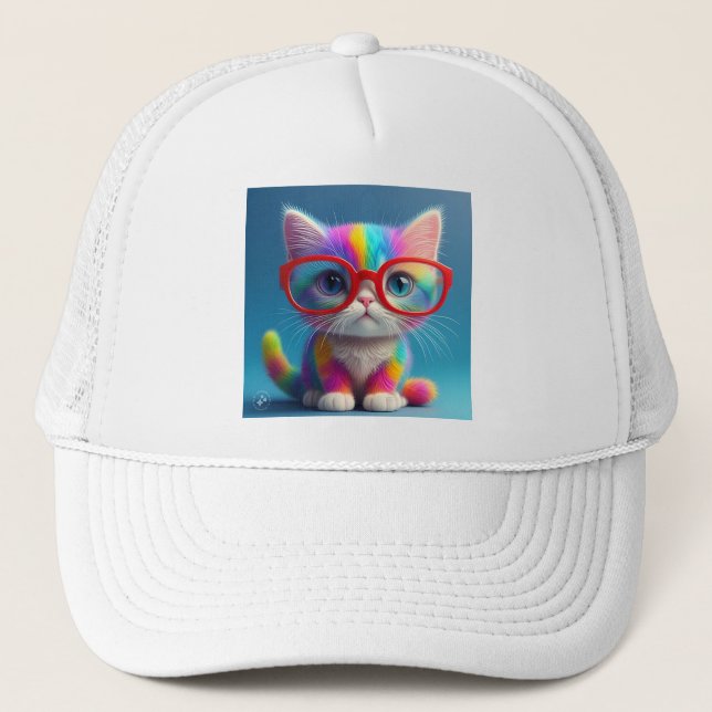 Boné Gatinho de Cores do Arco-Íris Usando Óculos-46568 (Frente)