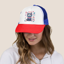Boné Gato Azul Bonito Com Gato De Coração | Kawaii Vale