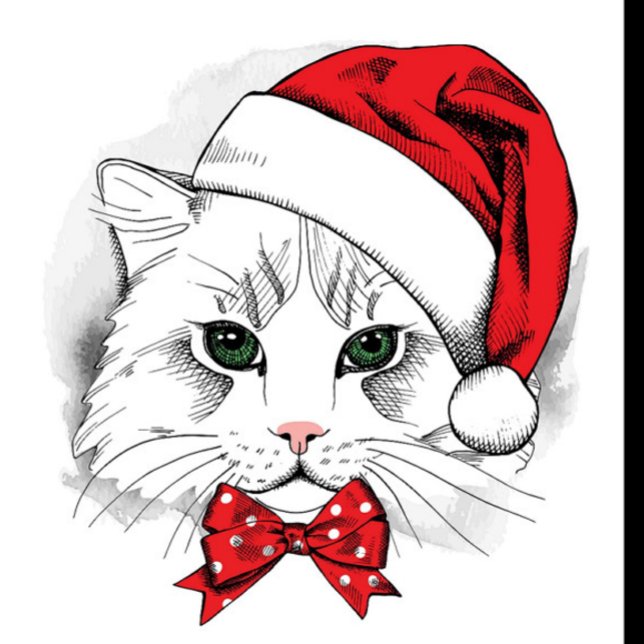 Boné Gato de Natal (illustration of a white cat wearing a red Santa hat and a red bow tie with white polka dots.)