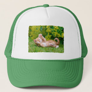 Boné Gato engraçado bonito brincando num jardim florid