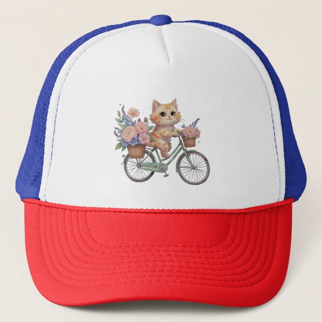 Boné Gato Fofo em Chapéu de Bicicleta Floral – Presente (Frente)