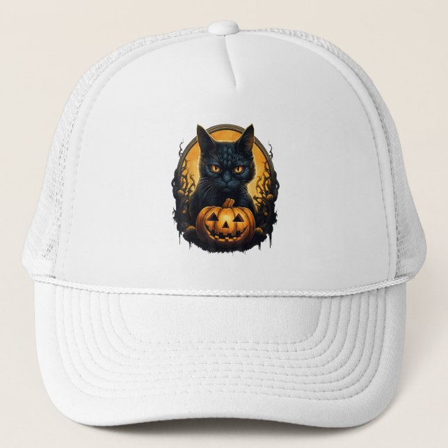 Boné Gato Negro Halloween Assustador Pumpkins Moon Blac (Frente)