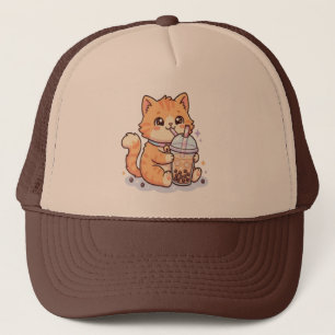 Boné Gato Tabby Laranja Kawaii Fofo Bebendo Boba Bubble