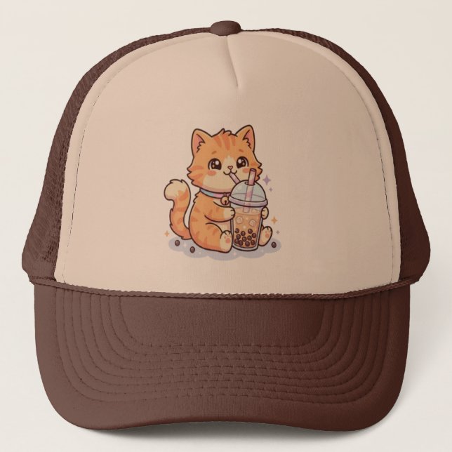 Boné Gato Tabby Laranja Kawaii Fofo Bebendo Boba Bubble (Frente)