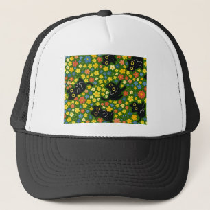 Boné Gatos Pretos Padrão Floral de Campo com Gatos Pr
