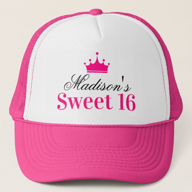 Boné Girly White Hot Pink Sweet 16 Princesa Crown Name (Frente)
