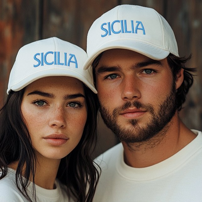 Boné Gorra branca da Sicília (ou Sicília) com bordado a (Sicilia or Sicily Blue Embroidery on white cap Sicilian heritage gift for him, gift for her)