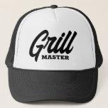 Boné Grill Master trucker hat for BBQ party chef<br><div class="desc">Grill Master trucker hat for BBQ party chef. Custom black and white baseball cap with script typography. Stylish hand lettering design for grillmaster. Available in cool colors. Add your own humorous text optionally. Fun summer Birthday gift idea for dad,  husband,  boyfriend,  uncle,  grandpa,  friend,  bos,  coworker,  colleague,  retiree etc.</div>