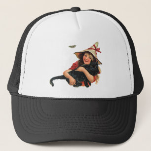 Boné Halloween Vintage, Bruxa Menina com Gato Preto