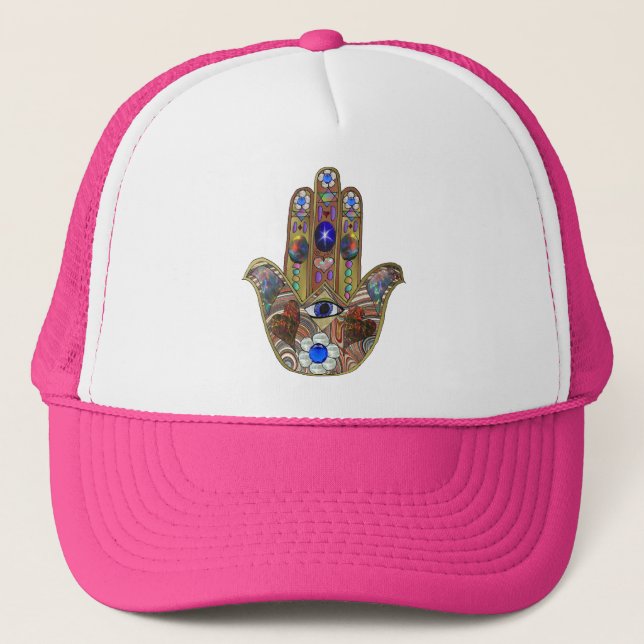 Boné Hamsa Hearts Flowers Opal Art em Dourado (Frente)