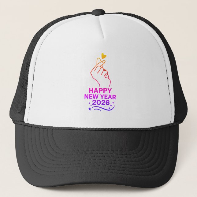 Boné Happy New Year 2026 Gold Hand Heart Trucker Hat (Frente)
