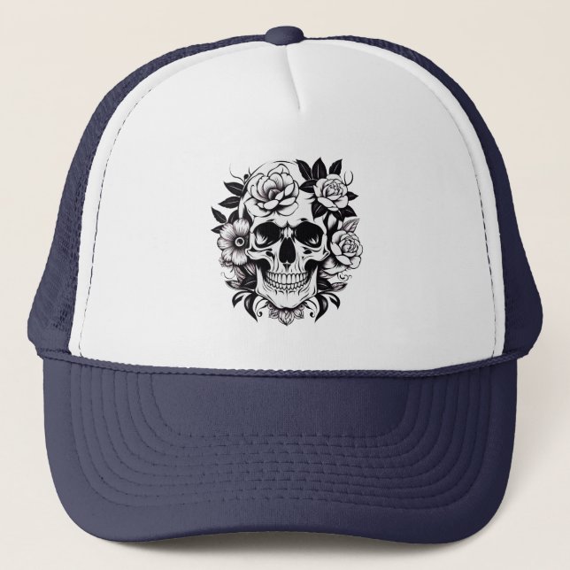 Boné Hat do Caminhoneiro Floral Skull (Frente)
