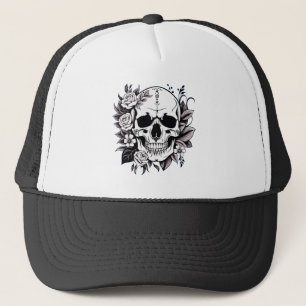 Boné Hat do Caminhoneiro Floral Skull