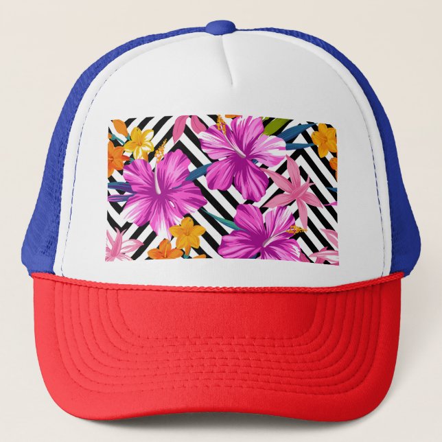 Boné hibisco tropical, palmeiras, geométrico. (Frente)