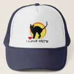 Boné I Love Cats & Black Cat, red heart /silhouette<br><div class="desc">Baseball/Trucker Caps: "I Love Cats" & black Cat silhouette. Easy to customise text.</div>