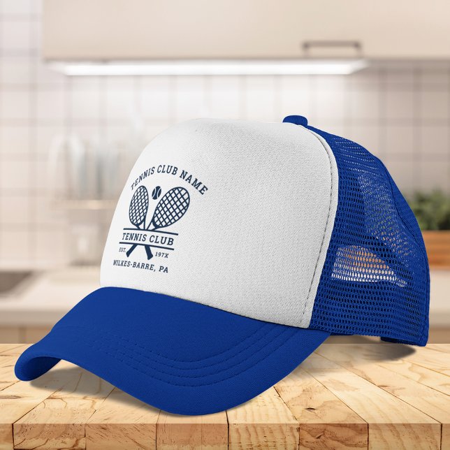 Boné Ícones de nome do clube de Tênis personalizado Mar (Custom Tennis Club Name Icons Navy Blue Trucker Hat)