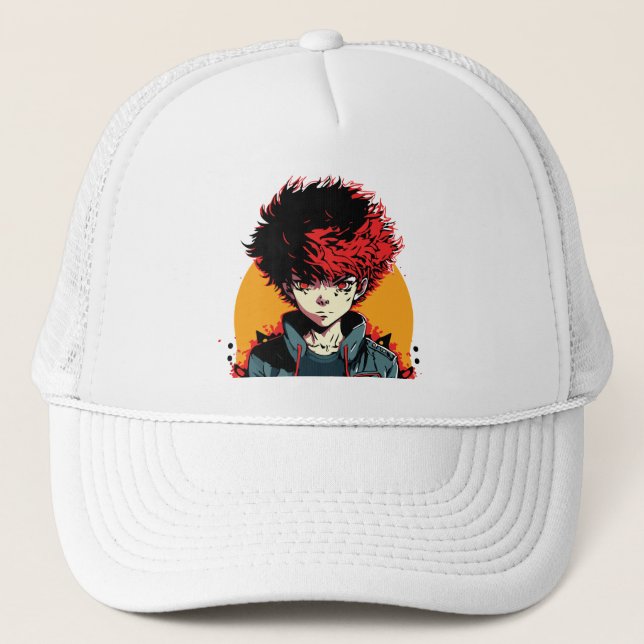 Boné Ilustração de Anime Boy: Cabelo Vermelho e Preto (Frente)