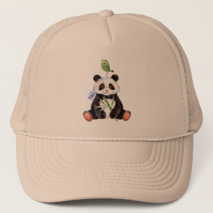 Boné Ilustração de Aquarelas Panda e Pássaro