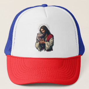 Boné Jesus segurando um bebê Moo Deng Hippo