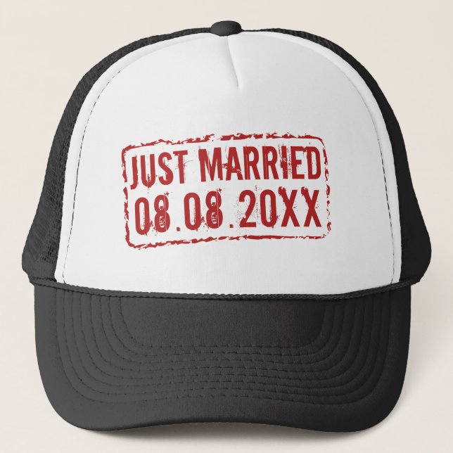 Boné Just Maried trucker hat with wedding date stamp (Frente)