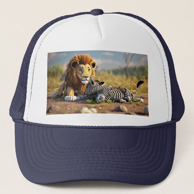 Boné Leão de desenho 3D comendo zebra - Cena selvagem d (Frente)