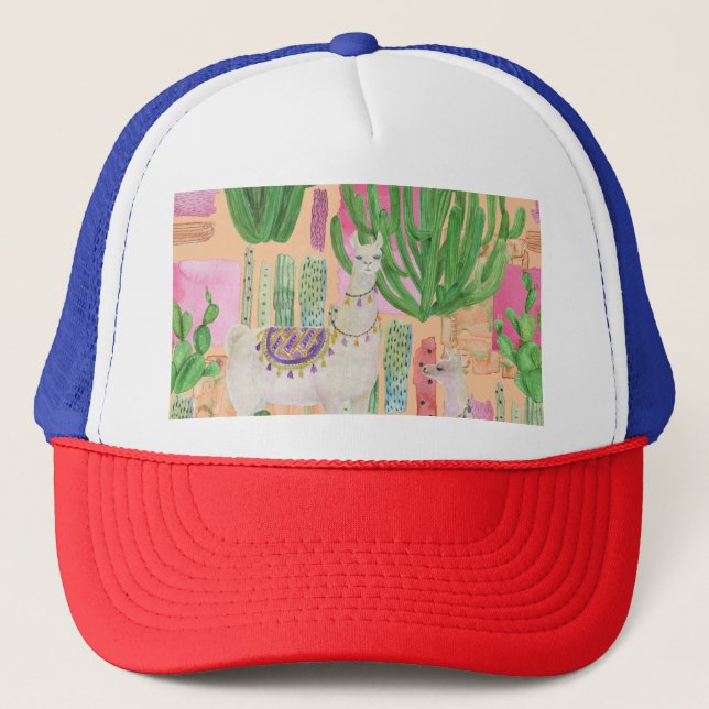 Boné Lhamas aquarelas, cactos: padrão sem costura. (Frente)