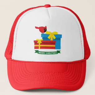Boné Lindo Cardinal Vermelho Abrindo um Presente Azul