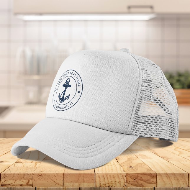 Boné Marinho Azul de Nome de Barco Ancorante Náutico (Nautical Anchor Boat Name Navy Blue Custom Trucker Hat)