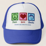 Boné Mascote de Segundo grau Personalizado e Bonito de<br><div class="desc">Este incrível chapéu azul de tubarão é perfeito para esportes de segundo grau ou equipe de natação com uma mascote branca de tubarão excelente. Legal boné personalizado de Sharks Peace Love.</div>