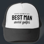 Boné melhor homem, pior golfe, despedida de solteiro en<br><div class="desc">Para a despedida de solteiro do tema do golfe, ria-se bem com este chapéu personalizado perfeito para o melhor homem. O chapéu apresenta o ditado "Melhor Homem pior golfista", mas o texto negro pode ser personalizado com a sua escolha de texto. Descubra a coordenação de suprimentos de despedida de solteiro...</div>