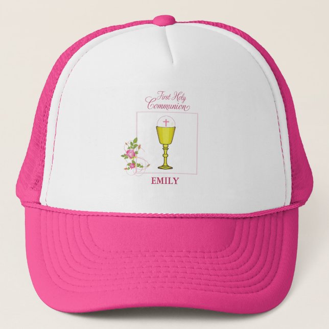 Boné Menina Rosa Primeira Comunhão, Cálice, Hóstia, Ros (Frente)
