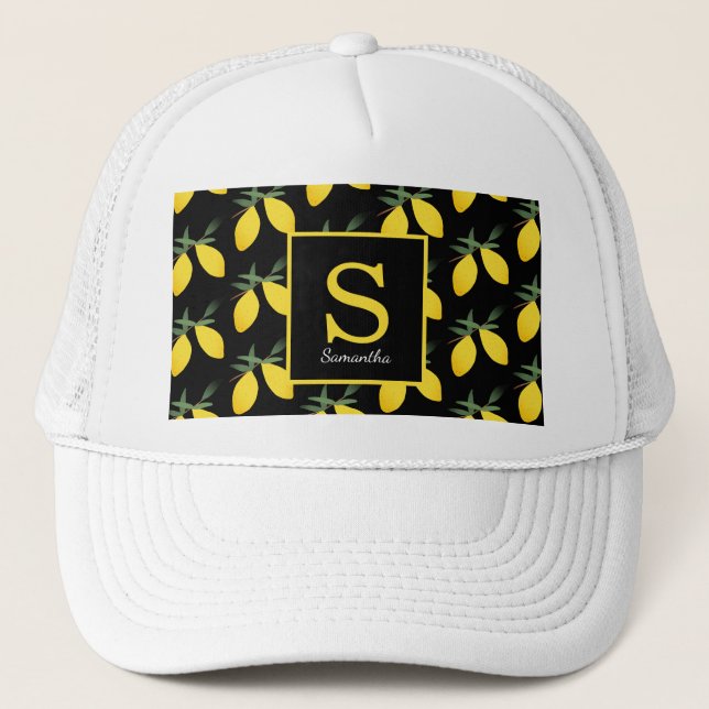 Boné Modern Lemon Citrus Monographic Name Trucker Hat (Frente)