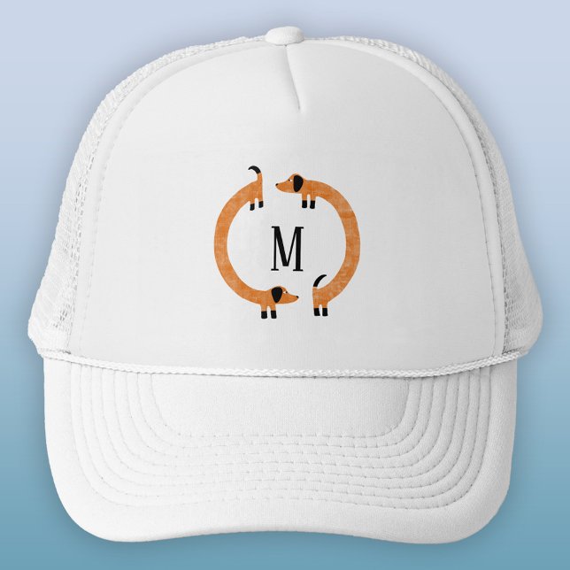Boné Monograma de Enchimento Engraçado (Dachshund Wiener Sausage Dog fun personalized monogram initial trucker hat)