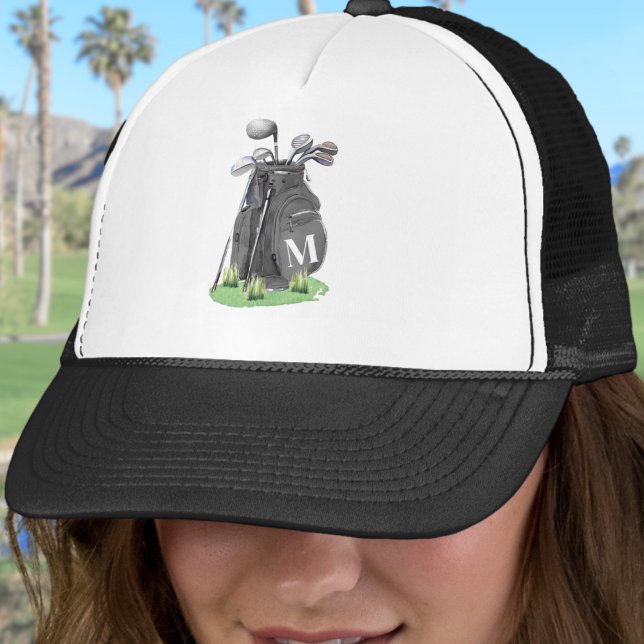 Boné Monograma Inicial Preto de Golfe (Black Golf Initial Monogram Trucker Hat )