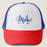 Boné Monograma Personalizado - Modelo de Nome da Letra<br><div class="desc">Monograma Personalizado Nome da Letra Inicial Modelo Tendy Trendy Marinho Blue Trucker Hat.</div>