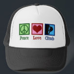 Boné Montanha Peace Love Subindo<br><div class="desc">Peace Love Climb escreveu sob um sinal verde de paz,  um coração vermelho,  e um escalador de rocha subindo uma montanha. Um presente de excelente para um atleta em esportes radicais.</div>