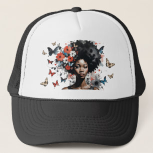 Boné Mulher Negra com Afro Floral e Borboletas