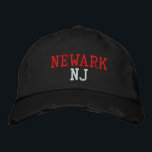 Boné NEWARK NJ Vermelho e Branco sobre Estilo de Vintag<br><div class="desc">Bordado vermelho e branco NEWARK NJ no chapéu de algodão do estilo de safra angustiado preto. O bordado é personalizável para outras opções de cor selecionando o botão da ferramenta "Editar Design". Também está disponível a opção de selecionar essa cor na página do item principal.</div>