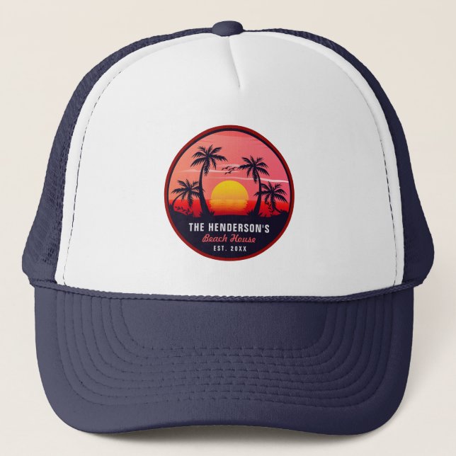 Boné Nome da família Beach House Retro Sunset Souvenirs (Frente)