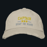 Boné Nome do barco Capitão Estrelas Náuticas Douradas S<br><div class="desc">Veleja em estilo com um bordado personalizado do khaki que apresente sua classificação de Capitão ou outro título, seu Nome ou Nome do Barco e estrelas. Várias cores de boné e thread a serem escolhidas. Faz um presente personalizado excelente para Dia de os pais, Dia de as mães ou qualquer...</div>