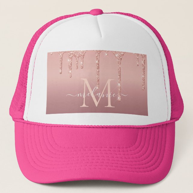 Boné Nome do Monograma Rosa de Texto Blush Glitter Hat  (Frente)