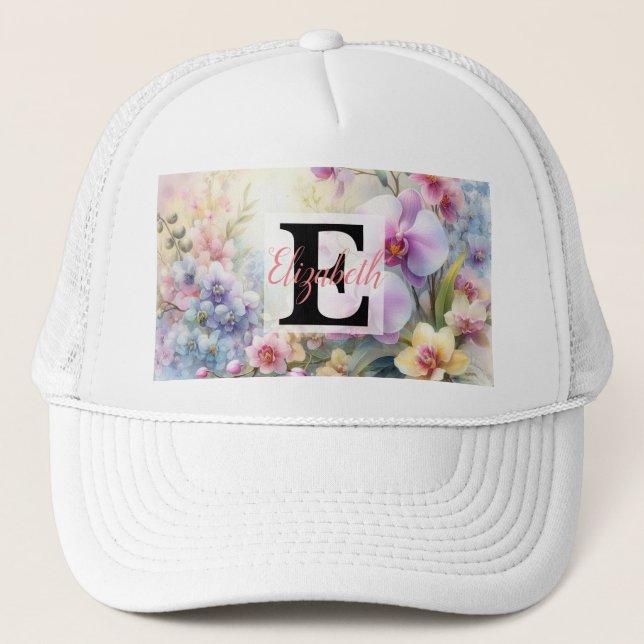 Boné Nome monograma em aquarela Flores em pastos (Frente)