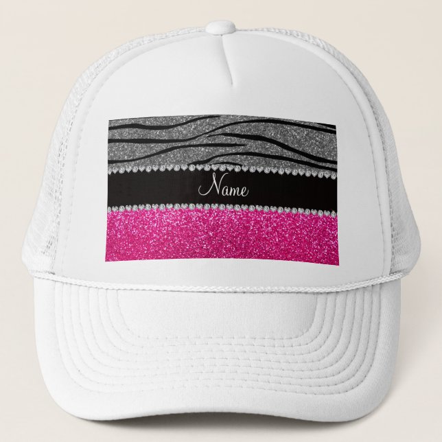 Boné Nome personalizado cor-de-rosa brilho cinza zebra  (Frente)