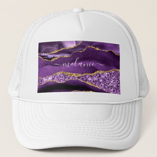Boné Nome Personalizado de Geodo Glitter Dourado Violet (Frente)