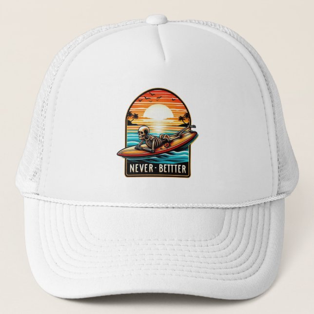 Boné Nunca Melhor - Skelset surfando Onda Sunset (Frente)