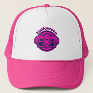 Boné O Dia das Bruxas dois crânios - rosa do néon